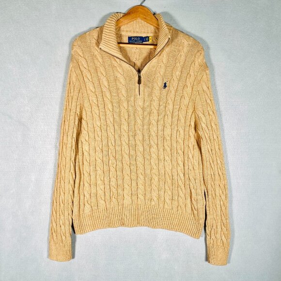 Polo Ralph Lauren Sweater Mens L Tan Cotton 1/4 Zip Cable Knit Pullover - Picture 1 of 8